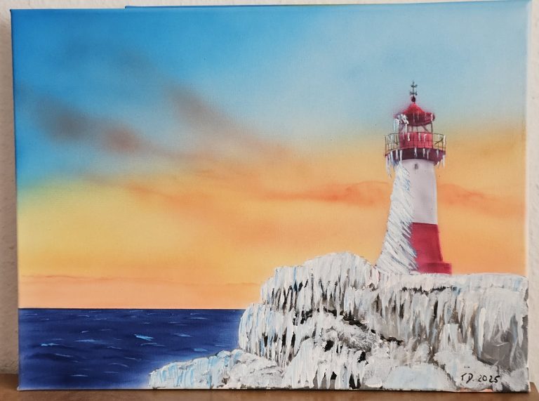 airbrush kunst 3 Leuchtturm an der Ostseeküste. Airbrush auf Leinen/Keilrahmen Maße: 40 x 30 cm