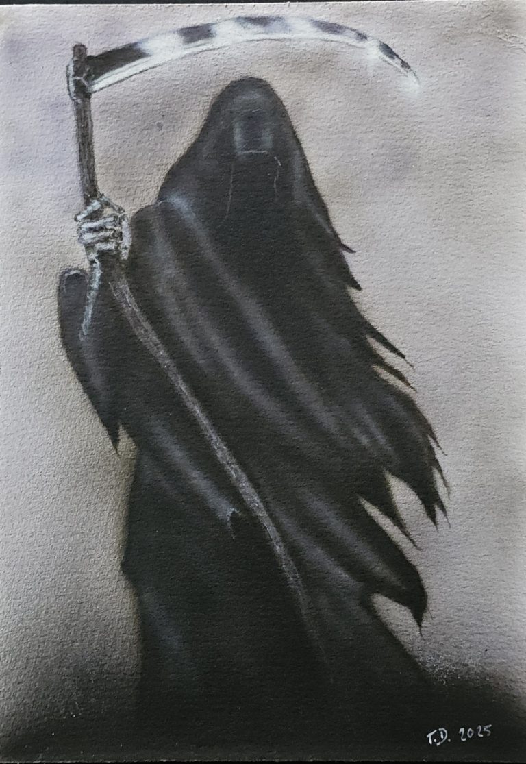 airbrush kunst 8 - Der Sensenmann - Freie Airbrusharbeit auf Hahnemühle Acryl naturweiß 360 g/m²