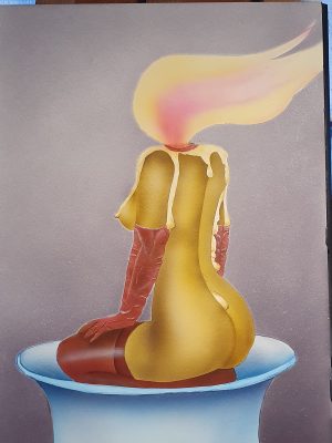 Die flammende Venus. Eine Kerze in Form einer hockenden Frau, die spärlich bekleidet ist.