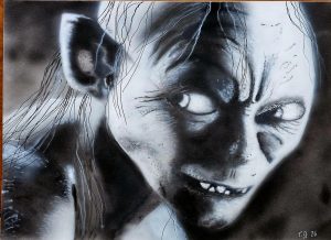 Gollum Airbrush Gemälde – Detailreiches, fotorealistisches Fantasy-Porträt von Gollum Sméagol mit aufgerissenen Augen aus Lord of the Rings