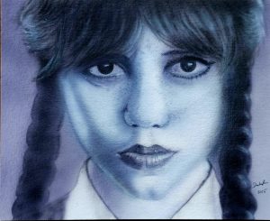 Airbrush Gemälde Wednesday Addams – Handgemaltes, fotorealistisches Schwarz-Weiß-Porträt der Serien-Ikone im Gothic-Stil