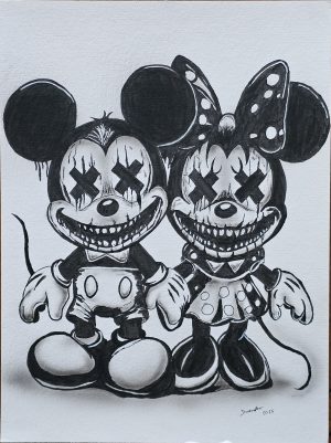 Horror Micky Maus Airbrush – Handgemaltes Pop-Art-Gemälde im düsteren Zombie- und Creepypasta-Stil auf dunklem Grund